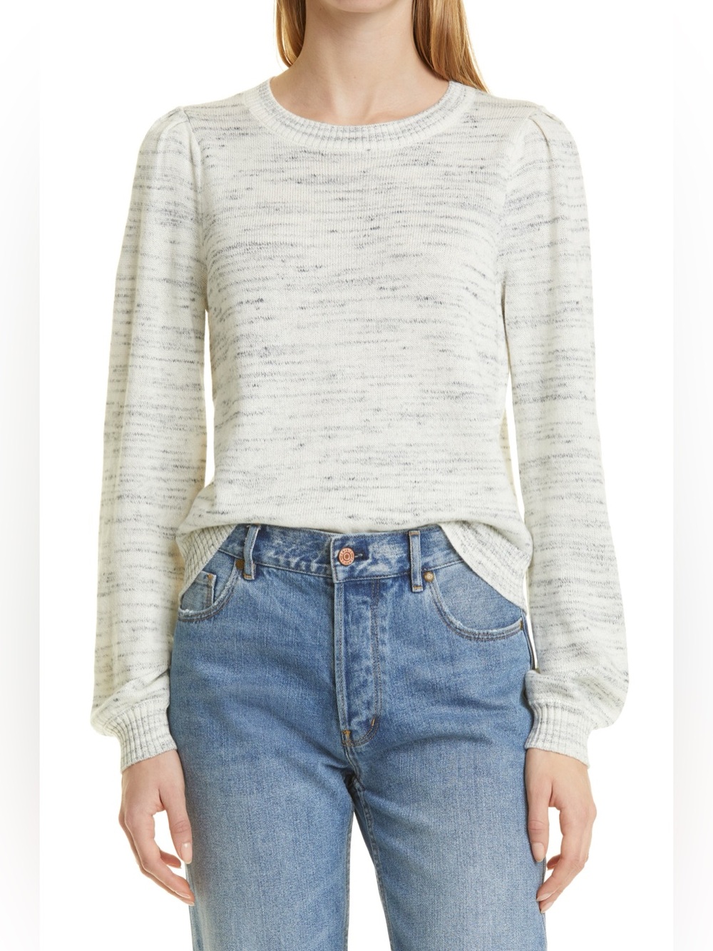 PAIGE Denise Space Dye Sweater XS Ivory Blue Gray Puff Shoulder Blouson Sleeve